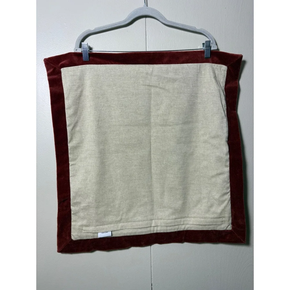 Devi Designs 24x24 Pillow Cover Beige Cotton Burgundy Velvet Trim Square Sham